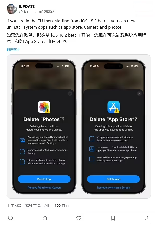 无极苹果手机维修分享iOS 18.2 支持删除 App Store 应用商店 