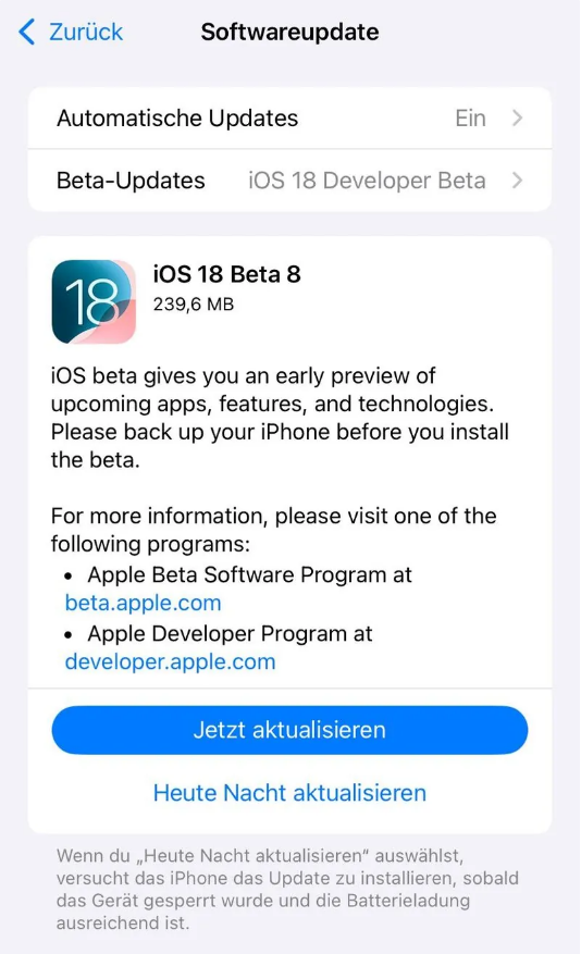 无极苹果手机维修分享苹果 iOS / iPadOS 18 开发者预览版 Beta 8 发布 